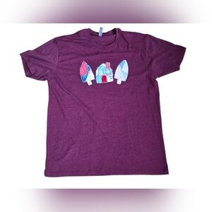 Maroon T Shirt With Quilted Mushroom & Gnome Home Applique Size L